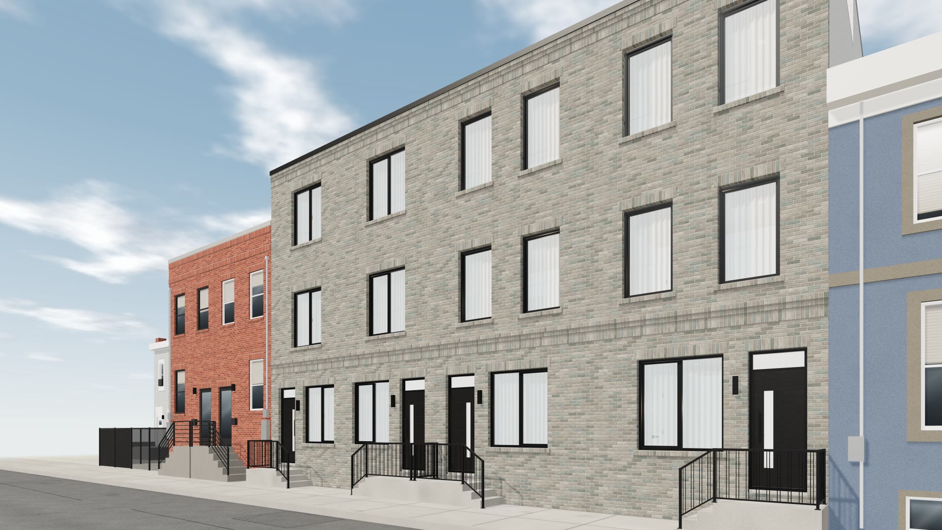 Four gray brick townhomes seen from the sidewalk, between their neighbors